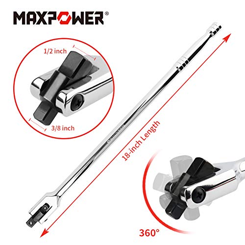 MAXPOWER 18-inch Breaker Bar Dual drive 1/2" and 3/8", Flex Handle for Breaks Loose Fasteners, Cr-V Steel, 360-degree Rotating, Comforable Grips Handle - size: 18 inch Dual Drive 3/8"+1/2" Phosphated