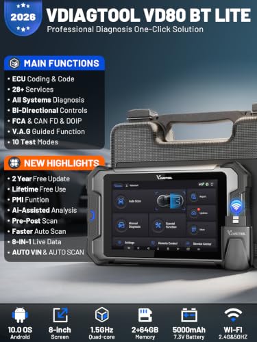 VDIAGTOOL Bidirectional Scan Tool VD80 BT Lite, 2026 8" Wireless Full System OBD2 Scanner Diagnostic Tool with 28+ Resets, Online Coding, Oil/Brake/BMS/SAS, FCA, CAN FD & DoIP, 2 Years Free Update