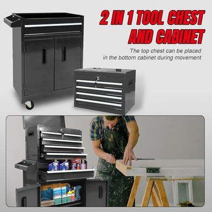 Torin 5-Drawer Rolling Tool Chest: Metal Tool Box with Wheels, Removable Top Tool Box, Liner, Adjustable Shelf and Locking Mechanism for Garage Workshop,Black - style: Metal Tool Box/Black