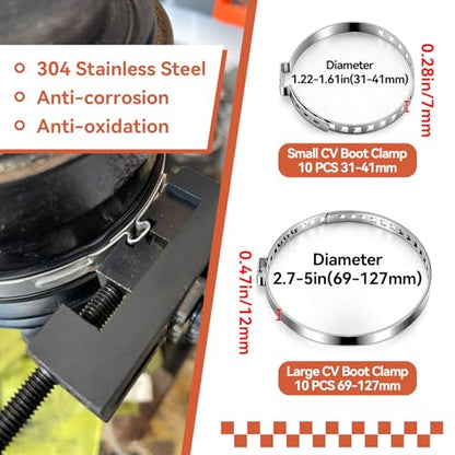 CV Boot Clamp Plier with 20Pcs Stainless Steel Single Ear Hose Clamp, Drive Shaft CV Axle Boot Clamp Removal and Installation Tool for Most Cars