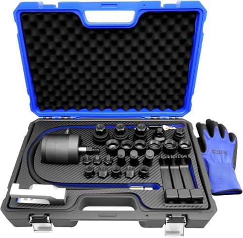 31Pcs Pneumatic Injector Puller Set for Diesel Engines, Air Vibration Fuel Injector Removal Tool Kit with Extractor Hammer, Extension Hose, 23 Adapters and EU US JP Connectors - color: Black