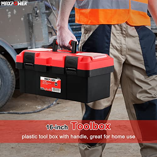 MAXPOWER Tool Box 16 inch, Plastic Small Tool Box with Latch Removable Tray | Lockable Toolbox for Home, Red - size: 16", style: 16" red