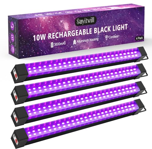 Rechargeable Black Light Bar 4 Packs, Battery Powered Black Lights for Glow Party, Cordless UV Strip Lights with On/Off/Dimma/Flash Switch, for Neon,Uranium Glass, Classroom,Paint, Poster,Stage - style: 4 Pack