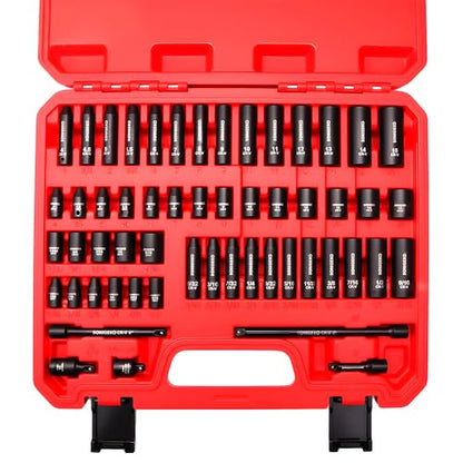 55-Piece 1/4" Drive Impact Socket Set, 6-Point deep & standard SAE/Metric(5/32"-9/16", 4-15mm), CR-V steel. Includes 2",4",6" Extension Bars, Universal Joint & Adapter,Ratchet Handle - size: 55 PCS, 1/4" Socket Set, Metric & SAE