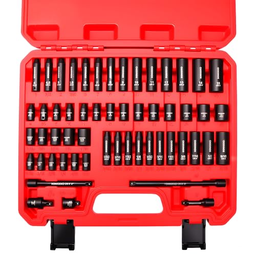 55-Piece 1/4" Drive Impact Socket Set Metric/SAE(5/32"-9/16", 4-15mm) | 6-Point CR-V steel deep & standard .Includes 2",4",6" Extension Bars, Universal Joint & Adapter,Ratchet Handle - size: 55 PCS, 1/4" Socket Set, Metric & SAE