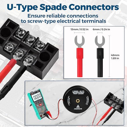 2 Wire 30 ft Retractable Test Leads with 4 mm Banana Plugs and Multimeter Test Leads Kit, Gold-Plated Test Probes, Alligator Clips, Test Hook Clips, Wire Piercing Back Probes and Spade Connectors