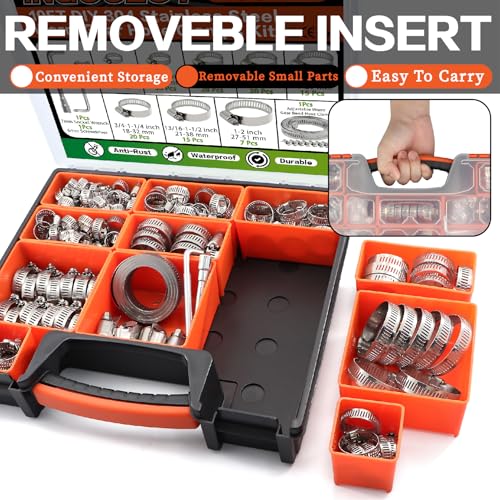 185Pcs Stainless Steel Hose Clamps Assortment Kit 1/4"to 2"(6-51mm)+10FT Metal Strap+8Pcs Fasteners Adjustable Worm Gear Hose Clamps for Automotive/Garden/Water Pipe/Sprinkler Line/Fuel Line - size: 185pcs+10ft