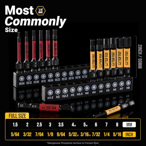TGFTGF Impact Hex Head Allen Wrench Drill Bit Set, 24PCS, 2-inch (Metric & SAE), Premium S2 Steel 1/4" Hex-Shank Hex Bit Set, CNC Machined Magnetic Screwdriver Bit Set, Storage Box, Automotive Home - color: Yellow/Red, size: 2" 24PCS (Metric&SAE)