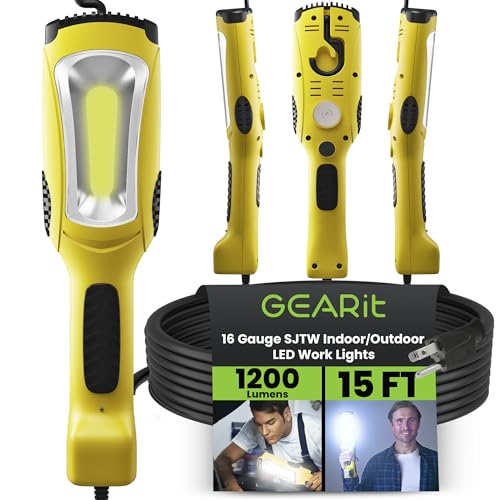 GEARit 15ft LED Work Light COB 1200LM 10W, Corded Shop/Drop Light with Magnetic Base, Swivel Hook & Built-in Outlet, 16/3 SJTW Trouble Light for Mechanics, Garage, Under Hood, Yellow - color: Yellow, size: 15 Feet