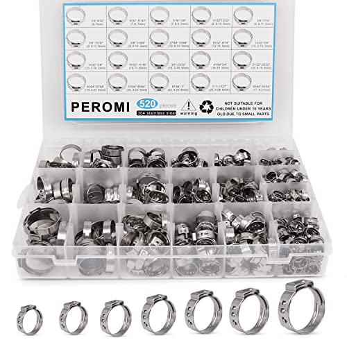520 Pcs PEX Cinch clamps Ring, 20 Sizes 1/4-1 Inch Stainless Steel Single Ear Stepless Hose Clamps Assortment Kit for Water Pipe, Plumbing and Automotive Use - size: 20 Sizes (6-28.6 mm) without Pincer