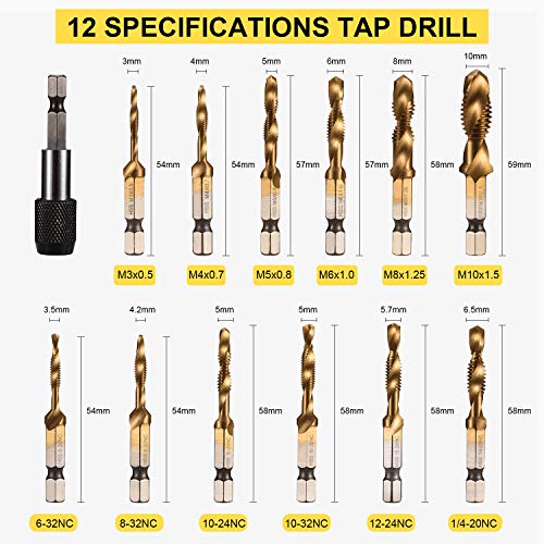 THINKWORK Combination Drill Tap & Tap Bit Set, 3-in-1 Titanium Coated Screw Tapping Bit Tool for Drilling, Tapping, Countersinking, with Quick-Change Adapter, 13 PCS SAE/Metric - size: SAE/Metric