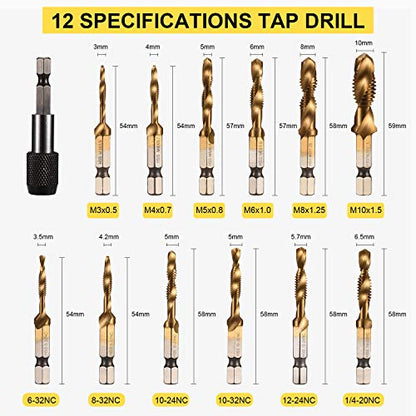 THINKWORK Combination Drill Tap & Tap Bit Set, 3-in-1 Titanium Coated Screw Tapping Bit Tool for Drilling, Tapping, Countersinking, with Quick-Change Adapter, 13 PCS SAE/Metric - size: SAE/Metric