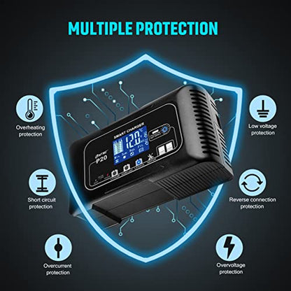 SolaMr Lithium Lifepo4 Battery Charger, 20Amp 12V and 24V Portable Smart Car Battery Charger, Trickle Charger for Lead-Acid(AGM/Gel/SLA..), Deep Cycle Charger for Marine, RV, Motorcycle (P20) - size: P20 Battery Charger