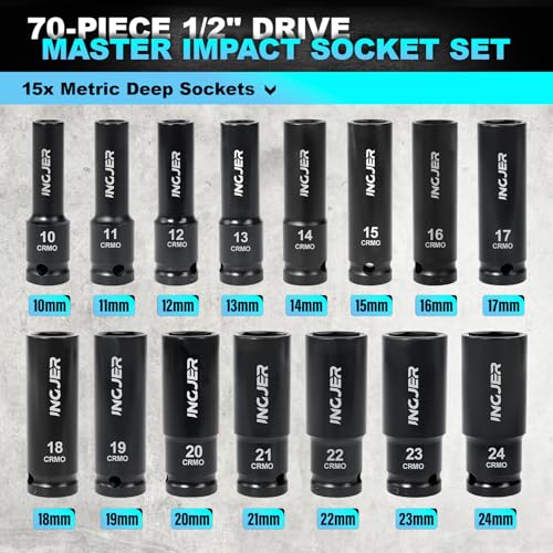1/2" Drive Impact Socket Set, 70 Piece SAE 3/8" to 1-1/4" and Metric 10-24mm, 6 Point Cr-MO Alloy Steel for Auto Repair, Easy-to-Read Size Markings, Rugged Construction, Storage Case - size: 1/2inch 70PCS SET