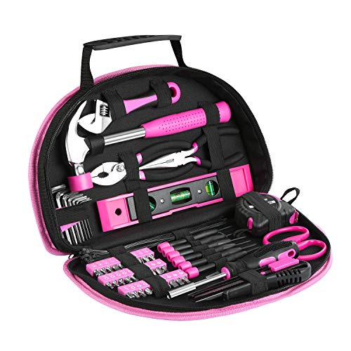 89 Piece Pink Tool kit, Ladies Hand Tool Set with Easy Carrying Round Pouch Household Tool Kit Perfect for DIY, Home Maintenance and Dorm Repair | Compact & Portable, Perfect for DIY & Home Repair, Includes Round Storage Pouch