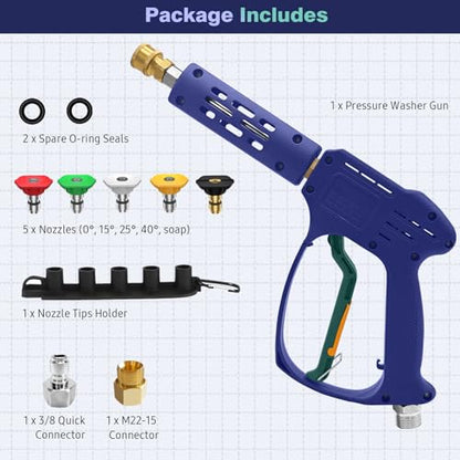YeewayVeh High Pressure Washer Gun, 3/8" Quick Connect, Indigo | 5 Nozzles, M22 14mm/15mm Fitting, 5000PSI 8GPM Power Washer Wand for Car Wash