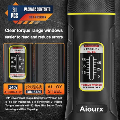 Preset Torque Screwdriver Wrench Set, 5-55 Inch Pounds lbs, 31 Piece 1/4" Drive Torque Screwdriver Wrench with S2 Steel Bits for Bicycle Mechanics, Mechanical Equipment, and Mounting - size: 5-55 in.-lb. Standard