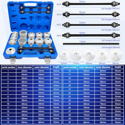 ZKTOOL 40Pcs Universal Pull and Press Sleeve Kit, Bushing Press Tool Set for Most Engine Cars Vehicles, Seal Bearing Bushing Removal Installation Tool Kit 5 Pulling Spindles with Nuts Case & Gloves