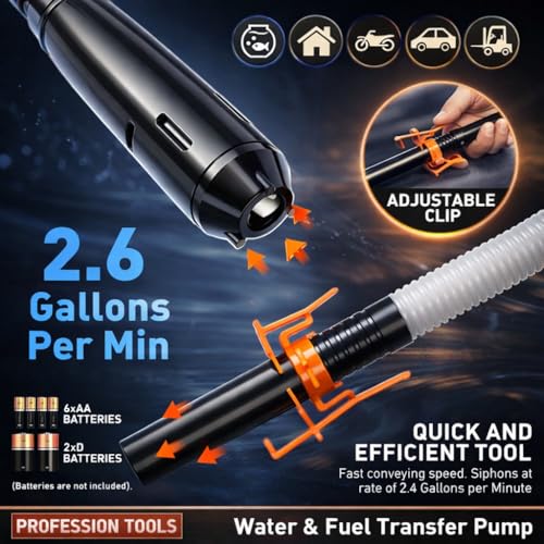 Cordless Electric Fuel Transfer Pump, 3GPM Battery-Powered Gas/Diesel/Kerosene Siphon Pump Kit with Oil-Resistant Hose, Adjustable Flow Nozzle, for Cars, Generators, Lawn Mowers (Orange)