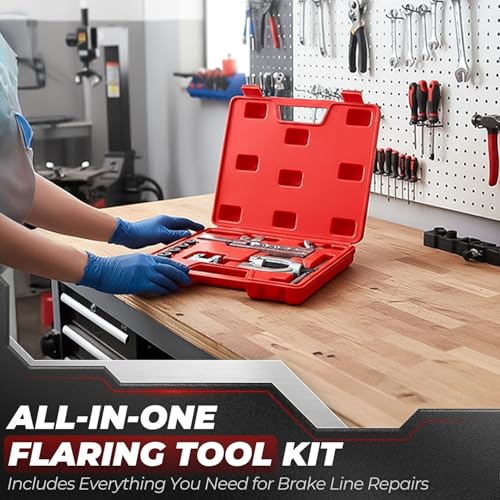 Flexzion Brake Line Flaring Tool Kit with Tubing Cutter & Case, 45° Single & Double Flare Tool for Brake Lines, Copper, Aluminum, Brass, Magnesium & Soft Steel, 5 Adapters for 1/8"–5/8" Tubing