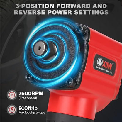 1/2'' Angle Impact Wrench, 910 ft-lbs Torque, Compact Lightweight 3.63 lb | Heavy Duty 7500RPM 1/2 Mini Air Impact Gun Driver, Twin Hammer Pneumatic Impact Wrench for Automobile Repair - size: ‎1/2 inch | 910 ft-lbs