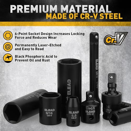 ELEAD 1/4" Drive Impact Socket Set, 56-Piece Standard SAE (5/32 to 9/16 inch) and Metric (4-15mm) Size, Deep & Shallow, 6 Point, Cr-V, 72-Tooth Ratchet Handle, Extension Bar, Universal Joint - style: 1/4'' Drive Impact Socket Set