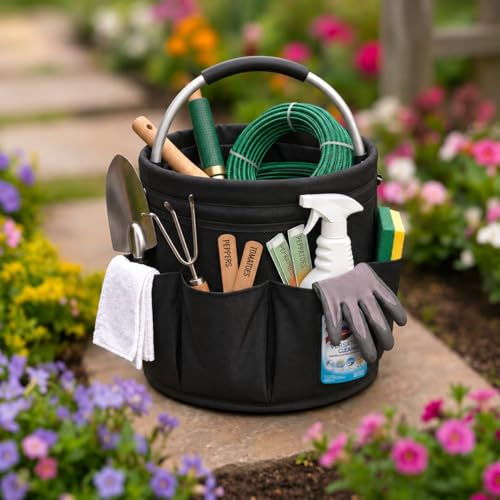 Garden Tool Organizer Tote with Non-Slip Handle – 4.5-Gallon Water-Resistant Bucket Bag with 6 Side Pockets, Portable Gardening and Outdoor Utility Bag for Yard Work, Garage, Beach & Camping (Black) - color: Black