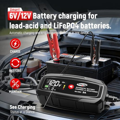 TOPDC 3A 6V/12V Automatic Battery Charger & Maintainer – Smart Trickle Charger for Car, Motorcycle, Boat, Lawn Tractor, RV, ATV – Lead-Acid (AGM/STD/Gel) & LiFePO4 (LFP) – Desulfator & Recondition - size: 3A