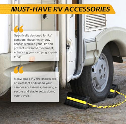 MaxxHaul 51013 Solid Rubber Wheel Chock for Travel Trailers Camper RV Truck Car Sturdiness Heavy Duty Simple Easy to use Tires Chock Block Stopper with Nylon Rope Yellow Reflective Tape 2 Pack - style: Rubber Wheel Chock - Lobe Shaped