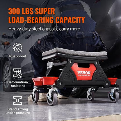 VEVOR Mechanic Stool 300 LBS Capacity Garage Stool Gift for Men, Heavy Duty Rolling Mechanics Seat, with Three Slide Out Tool Trays and Drawer, Tools for Automotive Auto Repair | Auto Repair Heavy Duty Plastic Rolling Mechanics Seat with Cushion, Three Sl