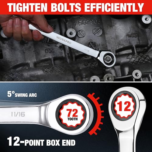 WORKPRO Ratcheting Wrench Set, SAE, 7-piece Ratcheting Combination Wrench Set, 5/16'', 3/8'', 7/16'', 1/2'', 9/16'', 5/8'', 18/16'', 12-Point, CR-V Steel, with Organizer Rack - size: 7-piece, style: SAE
