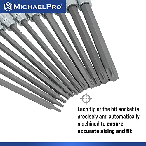 MichaelPro 12-Piece 3/8'' Drive Long Torx Bit Socket Set, T10 to T60, 6-Inch Length for Easy Reach in Deep Areas, High Torque Resistant CR-V and S2 Steel, Sturdy Storage Case Included - MP012019 - size: T10 to T60