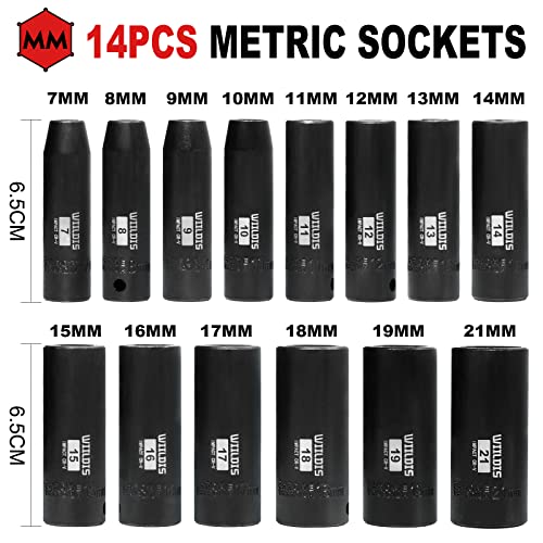 WIILDIS 14 Pieces 3/8-Inch Drive Deep Impact Socket Set, 7mm to 21mm, CR-V, Metric, 6-Point, 14 Pieces 3/8" Dr. Socket - size: METRIC - 14pcs