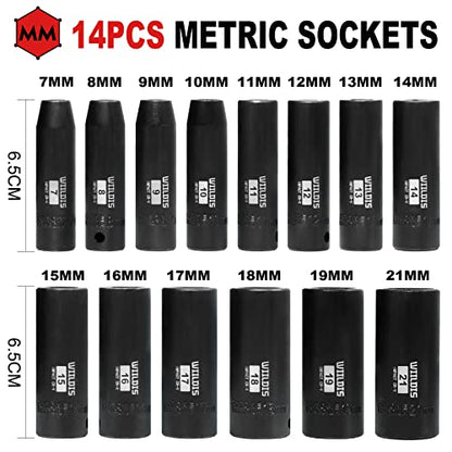 WIILDIS 14 Pieces 3/8-Inch Drive Deep Impact Socket Set, 7mm to 21mm, CR-V, Metric, 6-Point, 14 Pieces 3/8" Dr. Socket - size: METRIC - 14pcs