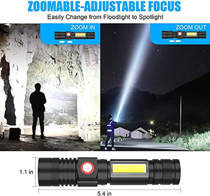 Hoxida USB Rechargeable Flashlight, Magnetic LED Flashlight, Super Bright LED Tactical Flashlight with Cob Worklight,Waterproof,Zoomable Small LED Flashlight for Camping, Flashlight with Holsters - color: 2pack flashlight with holster