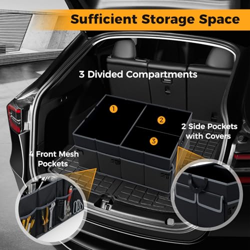 Car Trunk Organizer, 13 Gallon Collapsible Cargo Storage Box with Removable Divider & 6 Pockets, 3-Compatment Trunk Container with Securing Straps & Non-Slip Bottom for SUV, Sedan - size: 13 Gallon