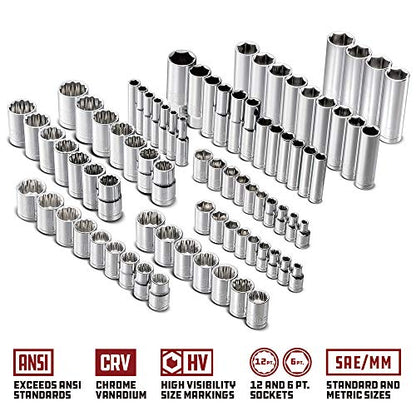Powerbuilt 200 Piece 1/4-inch, 3/8-inch, and 1/2-inch Drive Mechanics Tool Set - with SAE and Metric Socket Set, Powerbuilt XT 90 Tooth Seal-Head Ratchets, including Case - 642472 - size: 200 Piece