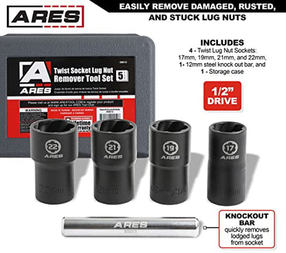 ARES 59013-5-Piece Damaged Lug Nut Remover Socket Set - 17, 19, 21, and 22mm Sockets, 12mm Steel Bar – Twist Lug Nut Extractor Tool– Storage Case