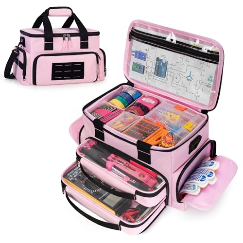 Pink Tool Bag for Women with 2 Clear Pouches, Double Layer Tool Box | 12-inch Tool Bag, Double Top Hndle, Adjustable Shoulder Strap, Ideal for Electrician, Carpenters, Repairman