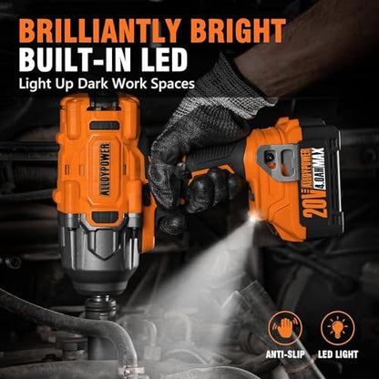 ALLOYPOWER Cordless Brushless Impact Wrench, 1475 ft-lbs (2000N.m), 1/2 High Torque power impact gun, 3-Mode Speed, 2*4000mAh Battery, 3 Sockets, Electric Impact Wrench Set for Car Tire Truck RV Mower