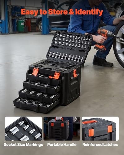 VEVOR Mechanics Tool Set, 256-Piece Mechanic Tool Kit, 1/4 in, 3/8 in, and 1/2 in Drive, SAE and Metric Socket Set, Wrenches, Screwdriver Bits, Accessories, and Storage Case, for Automotive Repair - size: 1/4"&3/8"&1/2", style: 256 PCS