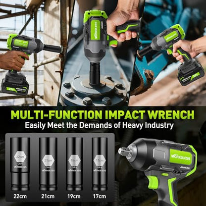 Cordless Impact Wrench for Car Tire Change, Max 1200N.m (885ft-Lbs) High Torque Impact Gun, Heavy Duty Impact Wrench for Mechanic, Auto Repair & Truck Maintenance, 4 Sockets - style: 1200N.m with 2 Battery