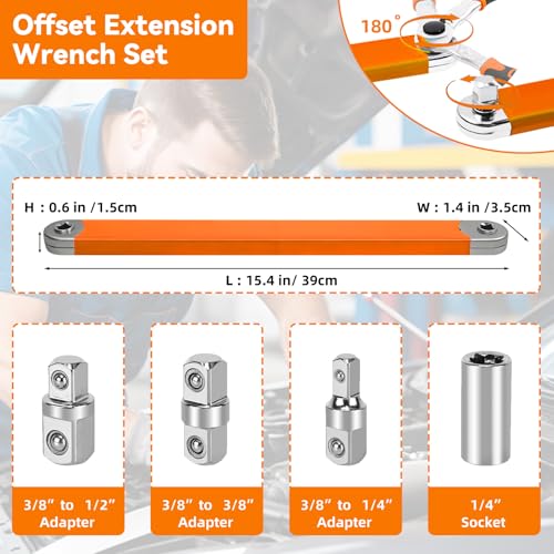 Offset Extension Wrench,15 Inch Impact Ready Socket Wrench Extender Tool Set with 1/2", 1/4" and 3/8" Square Drive Adapters, Zero Degree Ratchet Tool for Car Blue ﻿ (Orange) - color: Orange