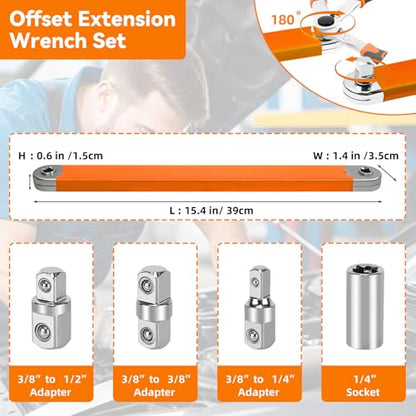 Offset Extension Wrench,15 Inch Impact Ready Socket Wrench Extender Tool Set with 1/2", 1/4" and 3/8" Square Drive Adapters, Zero Degree Ratchet Tool for Car Blue ﻿ (Orange) - color: Orange