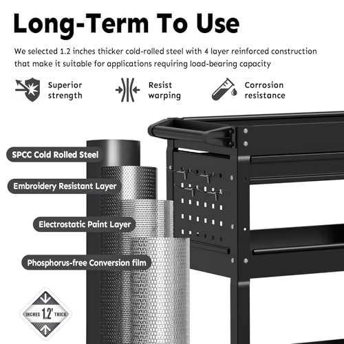 3-Tier Rolling Utility Cart, Metal Tool Cart on Wheels with Lockable-Black | 330 lb. Load Capability Heavy Duty Tool Cart with Drawers, Mechanic Tool Cart for Garage, Warehouse, Repair Shop - color: Black