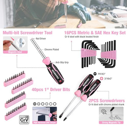 WORKPRO Pink Tool Set, 284 PCS Tool Kit for Women, Basic Household Tool Box with Sockets, Pliers, Ratchet Handle, Portable Toolkit for Home Repair, New Apartment, House-Warming, DIY - Pink Ribbon