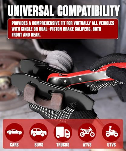 Brake Tools, Brake Caliper Compression Tool,360° Swing Ratchet Switch With Additional 2 pcs Large Steel Plate and 2 Hooks Nylon Grip Work Gloves for Single/Twin/Quad Piston,Car,Truck,SUV(Red)