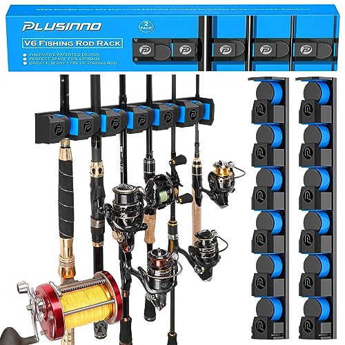 PLUSINNO Fishing Gifts for Men - V6 Vertical Fishing Rod/Pole Holders, Support Extra Large & Heavy Fishing Rod Combos, Fishing Rod Holders for Garage, Wall Mounted Fishing Rod Rack Storage - style: Upgraded 2pack (Support Heavy rod combos)