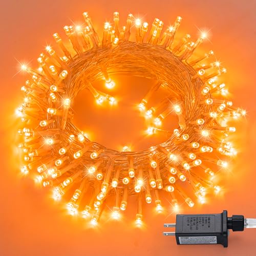 JMEXSUSS 300 LED Orange Lights for Halloween Indoor Outdoor Decor, 99FT Orange Christmas Lights Clear Wire Plug in for Fall Party RV Patio Yard Halloween Tree Decorations - color: Orange, size: 300 LED