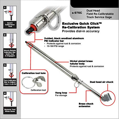Milton s-976C Calibratable Tire Pressure Service Gauge, Dual Head Chuck, 10-160 PSI
